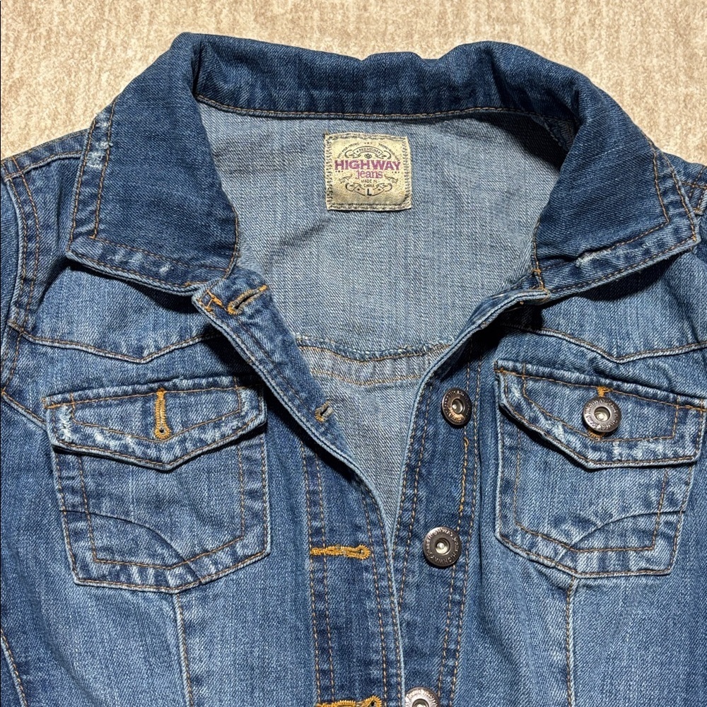 Large women's Highway Jeans brand cropped distressed Blue Jean Jacket - Picture 3 of 8